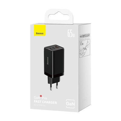 Baseus GaN5 Pro hálózati töltő, 2xUSB-C + USB, 65W (fekete)