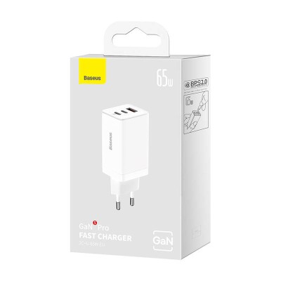 Baseus GaN5 Pro hálózati töltő, 2xUSB-C + USB, 65W (fehér)