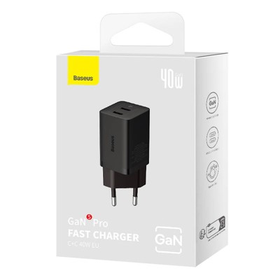 Baseus GaN5 hálózati töltő 40W, 2x USB-C (fekete)