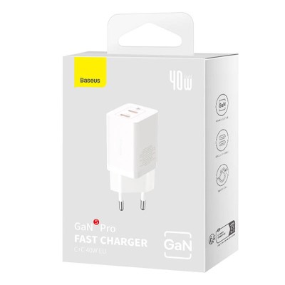 Baseus GaN5 hálózati töltő 40W, 2x USB-C (fehér)