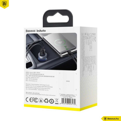 Baseus Particular autós töltő USB/USB-C 65W 5A SCP QC 4.0 + PD 3.0 LCD kijelzővel - Ezüst
