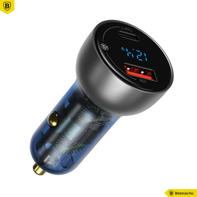 Baseus Particular autós töltő USB/USB-C 65W 5A SCP QC 4.0 + PD 3.0 LCD kijelzővel - Ezüst