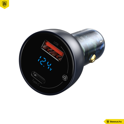 Baseus Particular autós töltő USB/USB-C 65W 5A SCP QC 4.0 + PD 3.0 LCD kijelzővel - Szürke