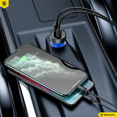Baseus Particular autós töltő USB/USB-C 65W 5A SCP QC 4.0 + PD 3.0 LCD kijelzővel - Szürke