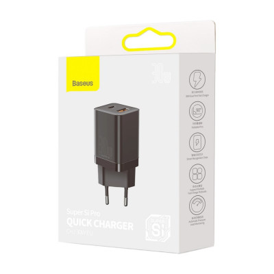 Baseus Super Si Pro gyorstöltő USB + USB-C 30W, fekete
