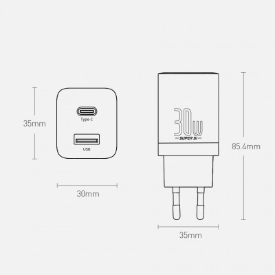 Baseus Super Si Pro gyorstöltő USB + USB-C 30W, fehér