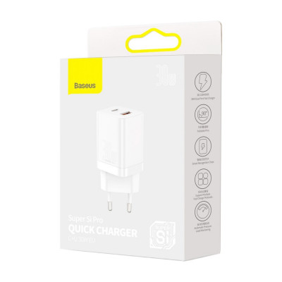 Baseus Super Si Pro gyorstöltő USB + USB-C 30W, fehér