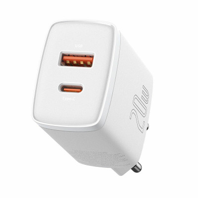 Baseus kompakt gyorstöltő, USB, USB-C, 20 W, fehér