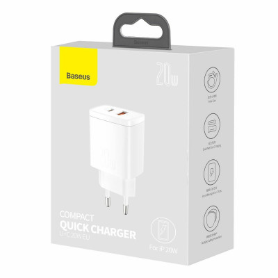 Baseus kompakt gyorstöltő, USB, USB-C, 20 W, fehér