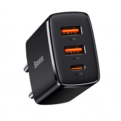 Baseus kompakt gyorstöltő, 2xUSB, USB-C, PD, 3A, 30 W, fekete