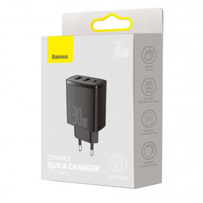 Baseus kompakt gyorstöltő, 2xUSB, USB-C, PD, 3A, 30 W, fekete