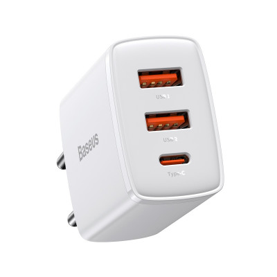 Baseus kompakt gyorstöltő, 2xUSB, USB-C, PD, 3A, 30 W, fehér