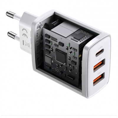 Baseus kompakt gyorstöltő, 2xUSB, USB-C, PD, 3A, 30 W, fehér