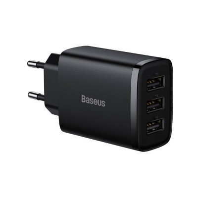 Baseus kompakt gyorstöltő, hálózati töltő, 3x USB, 17W (fekete)