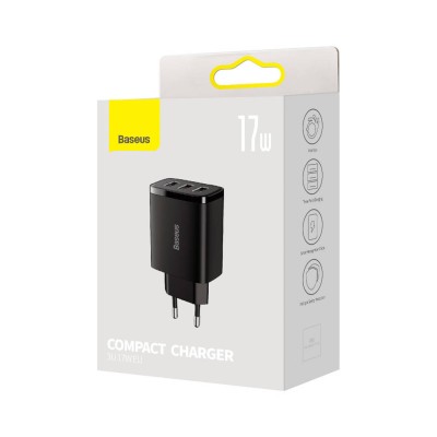 Baseus kompakt gyorstöltő, hálózati töltő, 3x USB, 17W (fekete)