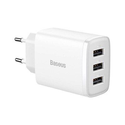 Baseus kompakt gyorstöltő, hálózati töltő, 3x USB, 17W (fehér)