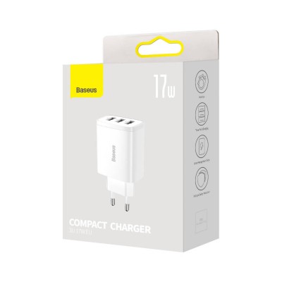 Baseus kompakt gyorstöltő, hálózati töltő, 3x USB, 17W (fehér)