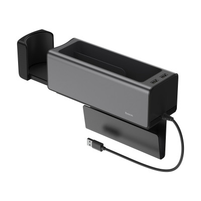 Baseus Deluxe fém autós rendszerező pohártartóval, 2x USB töltővel, fekete