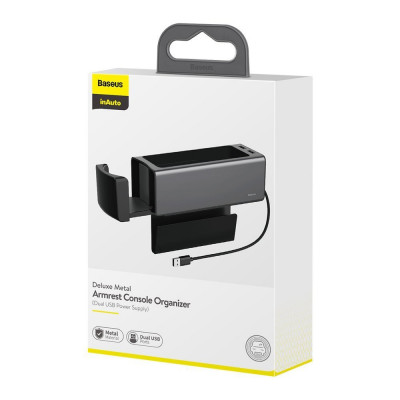 Baseus Deluxe fém autós rendszerező pohártartóval, 2x USB töltővel, fekete