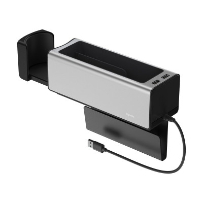 Baseus Deluxe fém autós rendszerező pohártartóval, 2x USB töltővel, ezüst