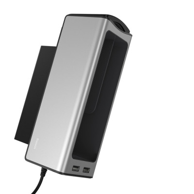Baseus Deluxe fém autós rendszerező pohártartóval, 2x USB töltővel, ezüst