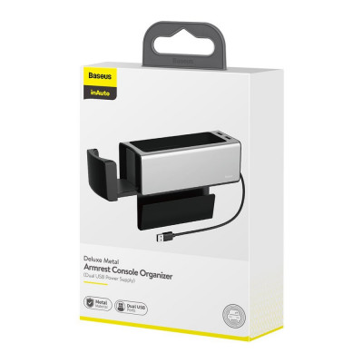 Baseus Deluxe fém autós rendszerező pohártartóval, 2x USB töltővel, ezüst