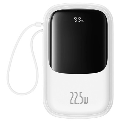 Baseus Qpow Pro+ 20000mAh 22,5W powerbank beépített USB-C kábellel és kijelzővel - fehér