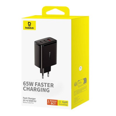 Baseus OS-Cube Pro 2xUSB-C + USB, 65W hálózati töltő (fekete)