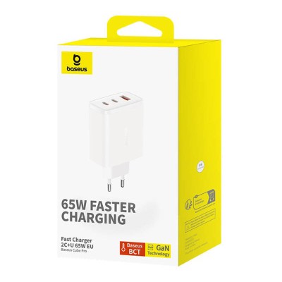 Baseus OS-Cube Pro 2xUSB-C + USB, 65W hálózati töltő (fehér) 