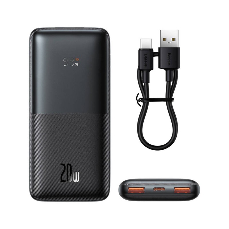 Baseus Bipow Pro Powerbank 10000mAh, 2xUSB, USB-C, 20W + USB-USB-C kábel (fekete)