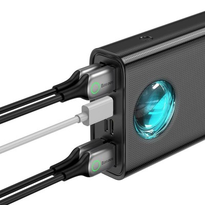 Baseus Amblight Powerbank 7 az 1-ben, 4xUSB, USB-C PD, micro USB, Lightning, 30000mAh 65W, Overseas Edition, + USB-C kábel, fekete