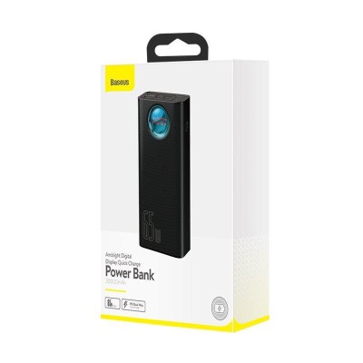 Baseus Amblight Powerbank 7 az 1-ben, 4xUSB, USB-C PD, micro USB, Lightning, 30000mAh 65W, Overseas Edition, + USB-C kábel, fekete