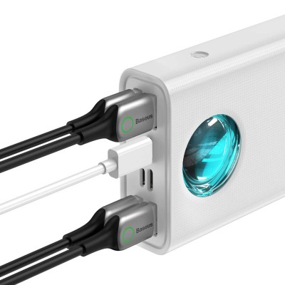 Baseus Amblight Powerbank 7 az 1-ben, 4xUSB, USB-C PD, micro USB, Lightning, 30000mAh 65W, Overseas Edition, + USB-C kábel, fehér