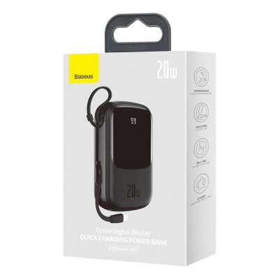 Baseus Q pow powerbank 20000mAh 20W PD 3.0 QC 3.0 USB - USB-C, integrált Lightning kábellel, fekete