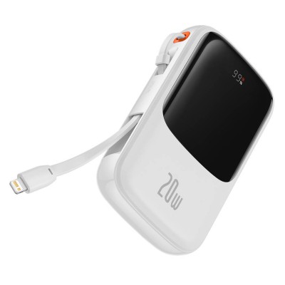 Baseus Qpow Pro Powerbank Lightning kábellel, USB-C, USB, 10000mAh, QC, 20W (fehér)