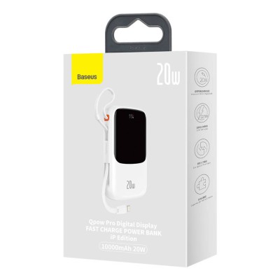 Baseus Qpow Pro Powerbank Lightning kábellel, USB-C, USB, 10000mAh, QC, 20W (fehér)
