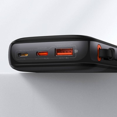 Baseus Qpow Pro Powerbank USB-C kábellel, USB-C, USB, 10000mAh, 22.5W (fekete)