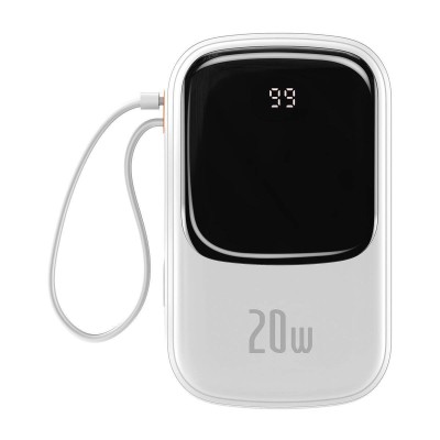 Baseus Q pow powerbank 20000mAh 20W PD 3.0 QC 3.0 USB - USB-C, integrált Lightning kábellel, fehér