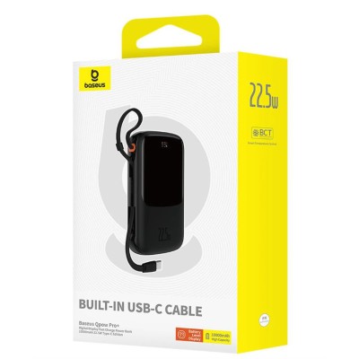 Baseus Qpow Pro+ 10000mAh 22,5W powerbank beépített USB-C kábellel és kijelzővel - fekete