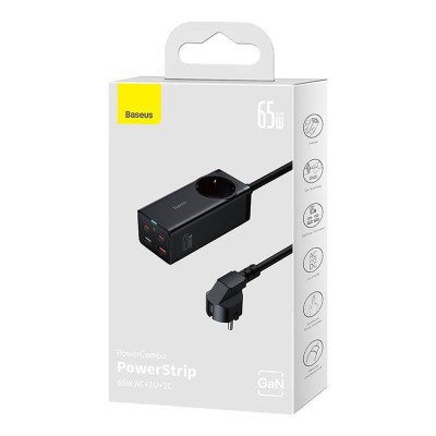 Baseus GaN3 Pro hálózati töltő 2xUSB + 2xUSB-C + AC, 65W (fekete)