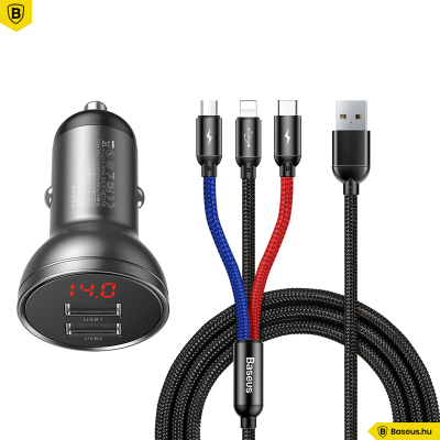 Baseus 2USB 4,8A 24W autós töltő LCD kijelzővel + 3in1 töltő kábellel