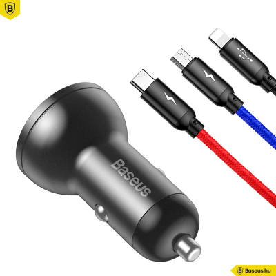 Baseus 2USB 4,8A 24W autós töltő LCD kijelzővel + 3in1 töltő kábellel