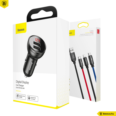 Baseus 2USB 4,8A 24W autós töltő LCD kijelzővel + 3in1 töltő kábellel