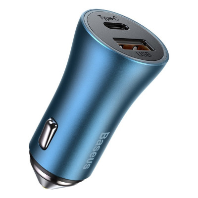 Baseus Golden Contactor Pro autós töltő, USB + USB-C, QC4.0 +, PD, SCP, 40 W, kék + USB-C - Lightning kábel 1 m, kék