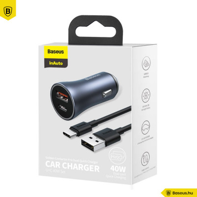Baseus Golden Contactor Pro autós töltő, USB + USB-C, QC4.0 +, PD, SCP, 40W szürke + USB-USB-C kábel 1m - Fekete