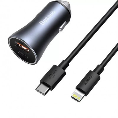 Baseus Golden Contactor Pro autós töltő, USB + USB-C, QC4.0 +, PD, SCP, 40 W, szürke + USB-C/Lighting kábel 1m,fekete