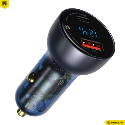 Baseus autós töltő USB/USB-C 65W 5A SCP QC 4.0 + PD 3.0 LCD kijelzővel és Type-C kábellel- Szürke