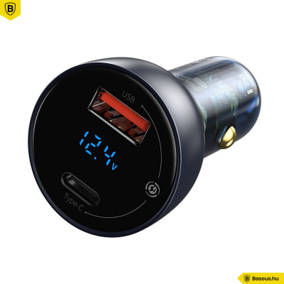 Baseus autós töltő USB/USB-C 65W 5A SCP QC 4.0 + PD 3.0 LCD kijelzővel és Type-C kábellel- Szürke