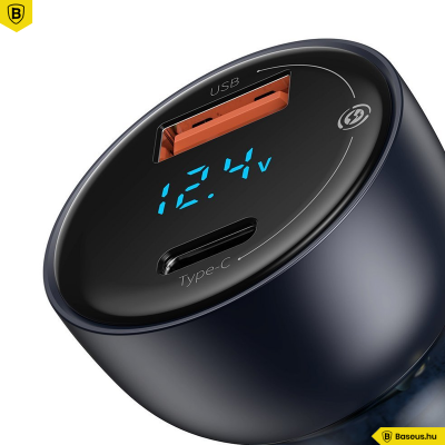 Baseus autós töltő USB/USB-C 65W 5A SCP QC 4.0 + PD 3.0 LCD kijelzővel és Type-C kábellel- Szürke