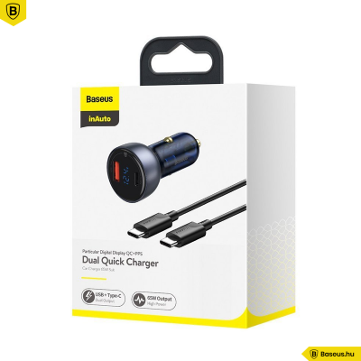 Baseus autós töltő USB/USB-C 65W 5A SCP QC 4.0 + PD 3.0 LCD kijelzővel és Type-C kábellel- Szürke